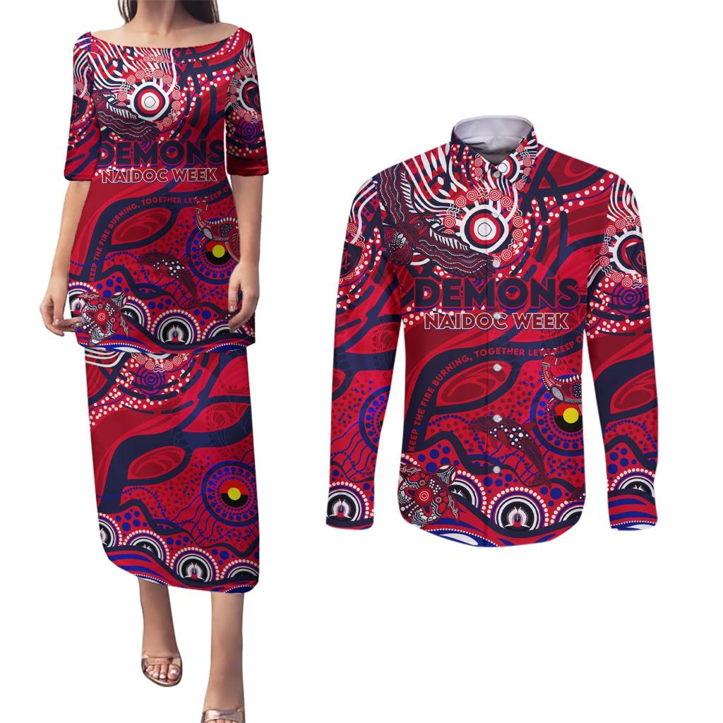 Custom NAIDOC Week 2024 Demons Couples Matching Puletasi and Long Sleeve Button Shirt Aboriginal Animals Keep The Fire Burning