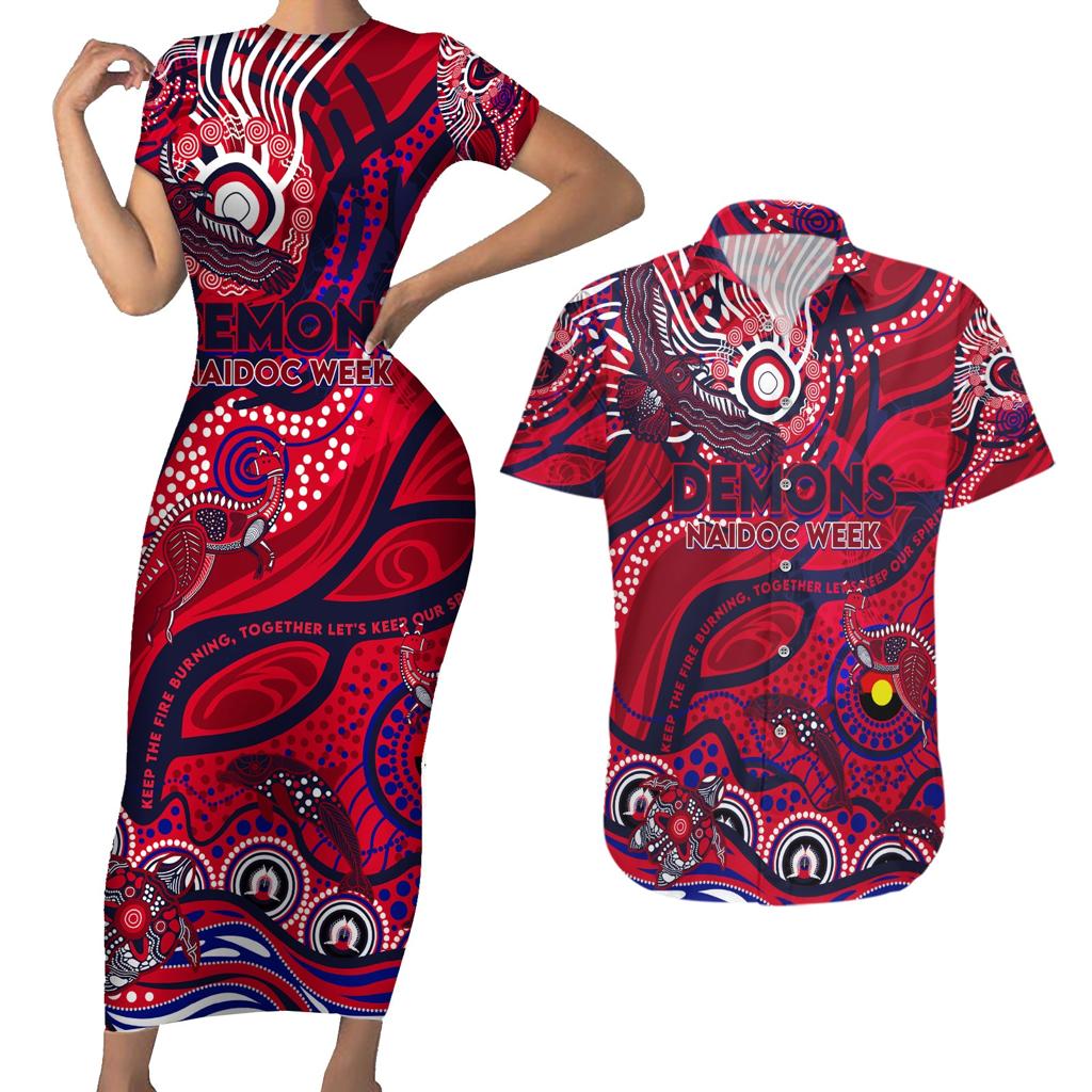 Custom NAIDOC Week 2024 Demons Couples Matching Short Sleeve Bodycon Dress and Hawaiian Shirt Aboriginal Animals Keep The Fire Burning