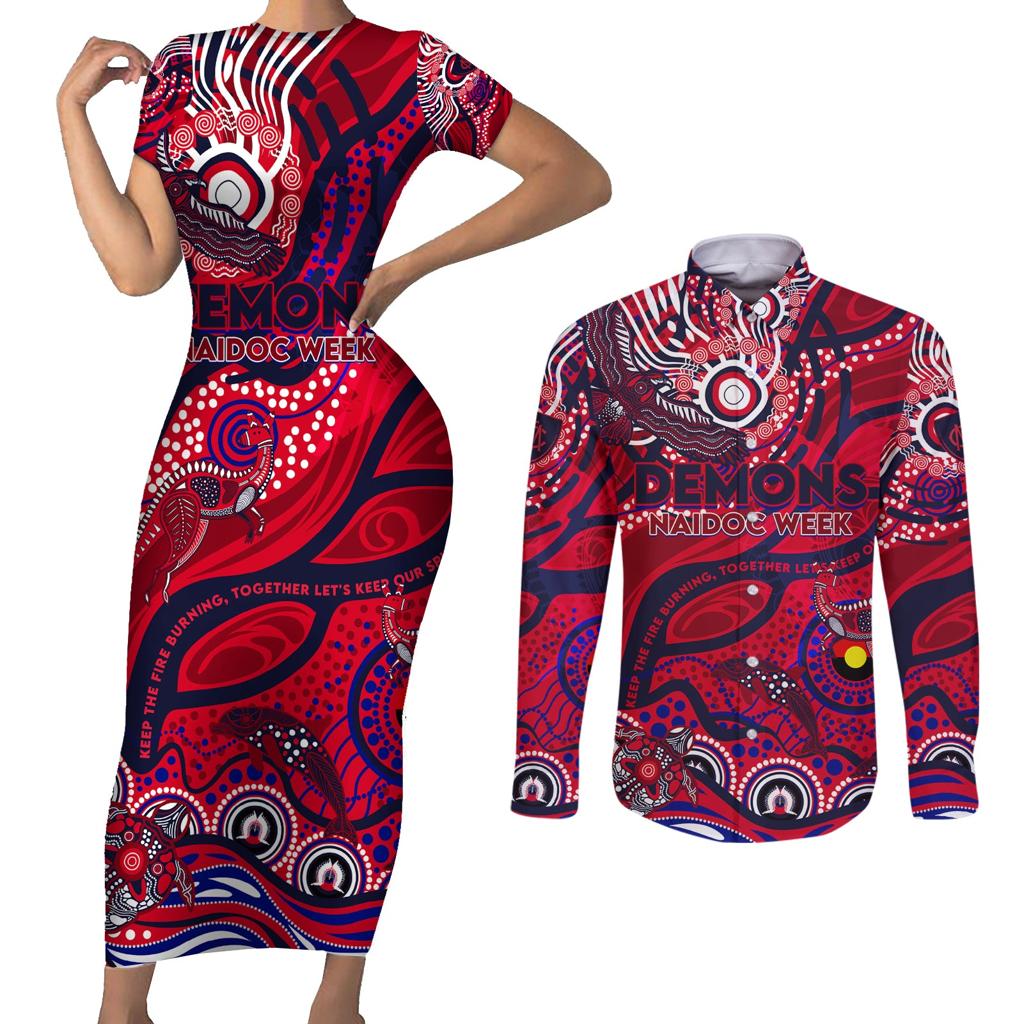 Custom NAIDOC Week 2024 Demons Couples Matching Short Sleeve Bodycon Dress and Long Sleeve Button Shirt Aboriginal Animals Keep The Fire Burning