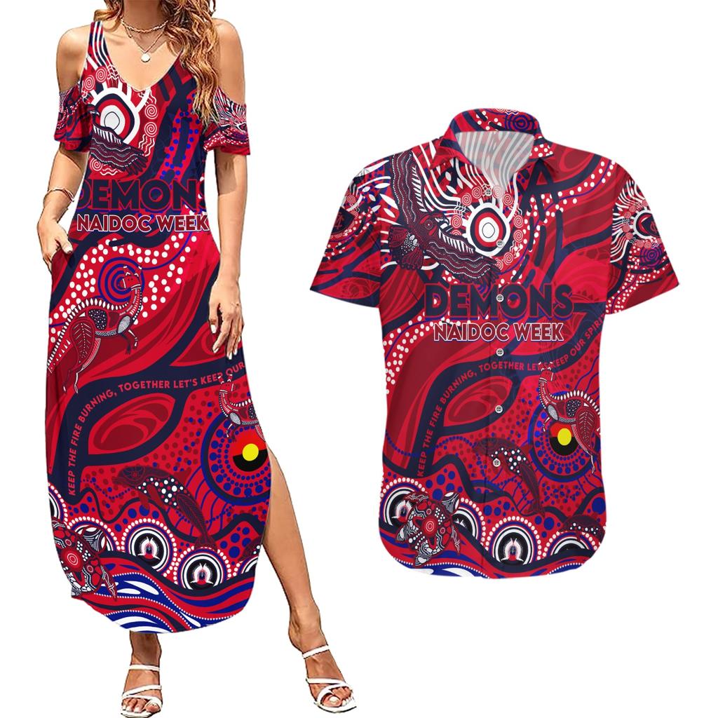 Custom NAIDOC Week 2024 Demons Couples Matching Summer Maxi Dress and Hawaiian Shirt Aboriginal Animals Keep The Fire Burning