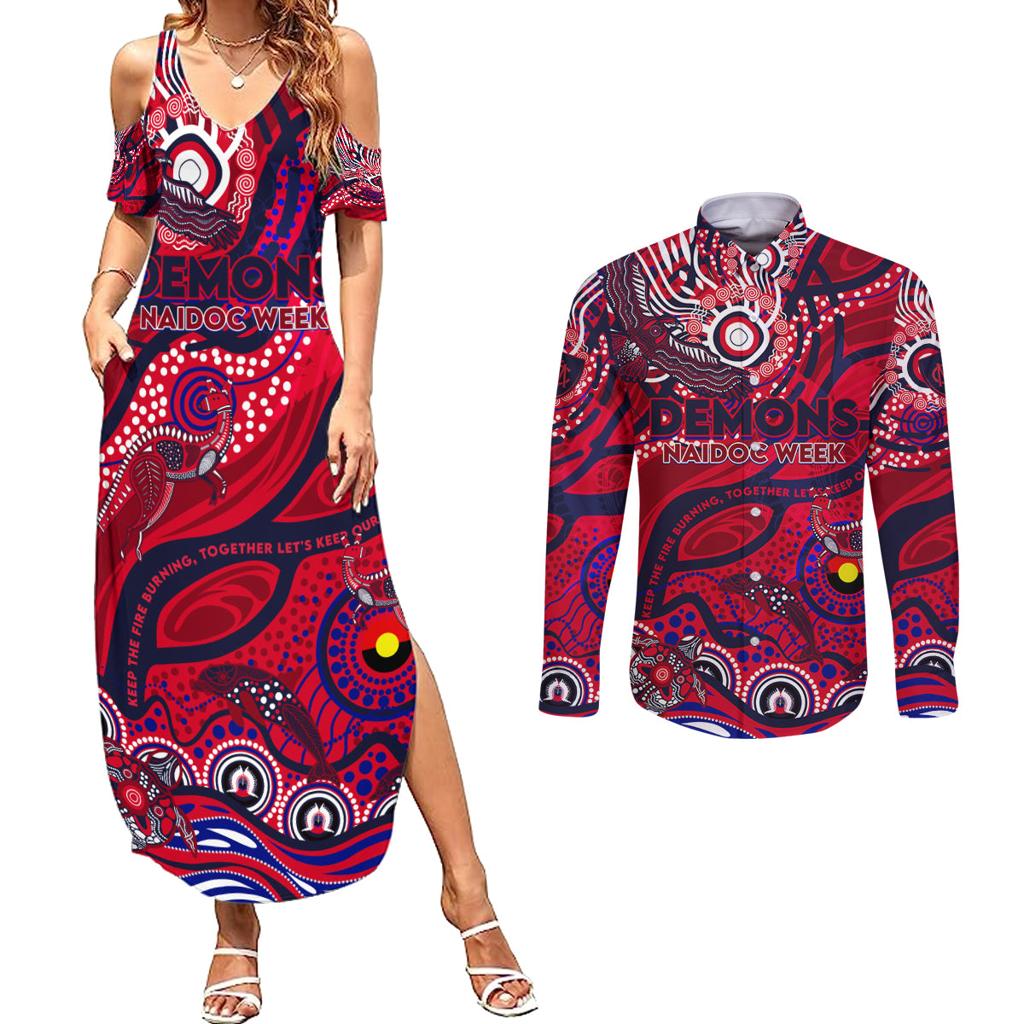Custom NAIDOC Week 2024 Demons Couples Matching Summer Maxi Dress and Long Sleeve Button Shirt Aboriginal Animals Keep The Fire Burning