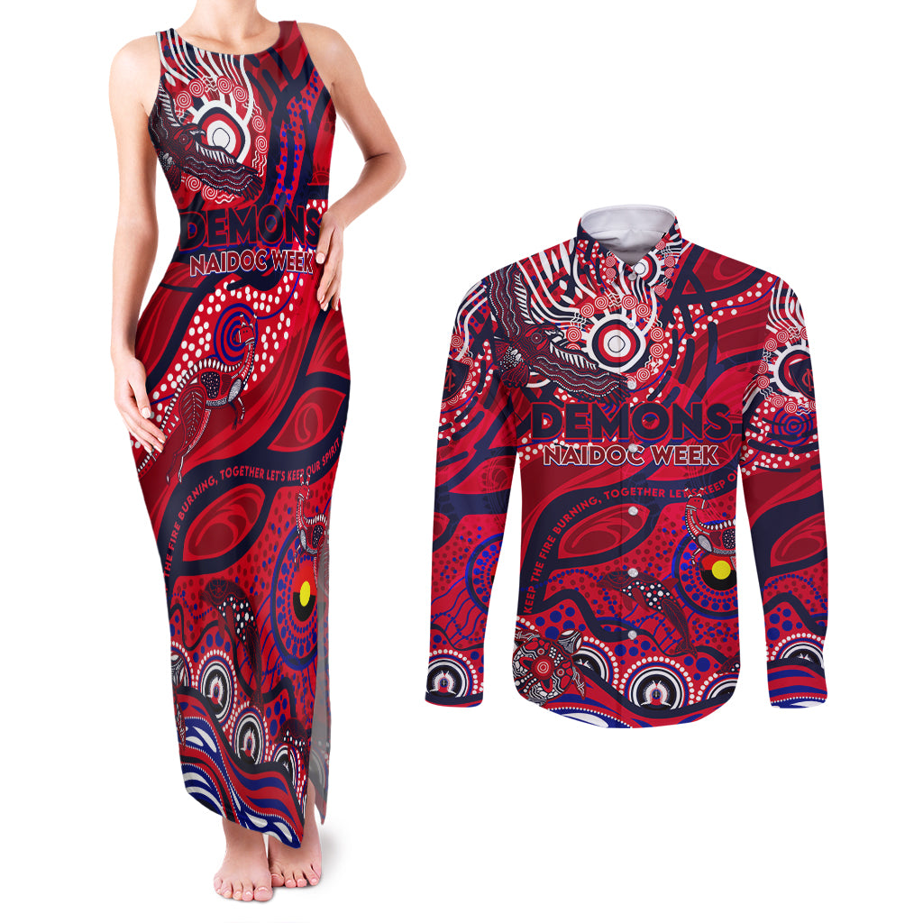 Custom NAIDOC Week 2024 Demons Couples Matching Tank Maxi Dress and Long Sleeve Button Shirt Aboriginal Animals Keep The Fire Burning