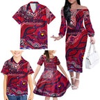 Custom NAIDOC Week 2024 Demons Family Matching Off The Shoulder Long Sleeve Dress and Hawaiian Shirt Aboriginal Animals Keep The Fire Burning