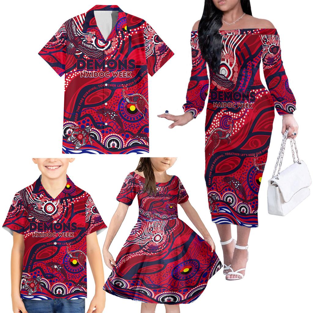 Custom NAIDOC Week 2024 Demons Family Matching Off The Shoulder Long Sleeve Dress and Hawaiian Shirt Aboriginal Animals Keep The Fire Burning