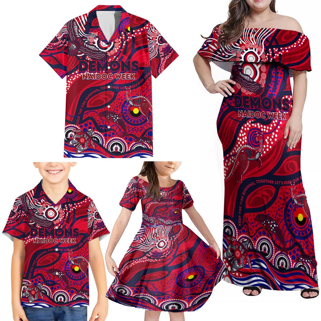 Custom NAIDOC Week 2024 Demons Family Matching Off Shoulder Maxi Dress and Hawaiian Shirt Aboriginal Animals Keep The Fire Burning