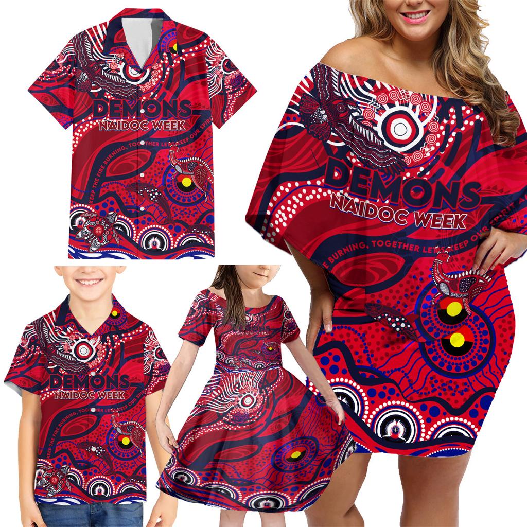 Custom NAIDOC Week 2024 Demons Family Matching Off Shoulder Short Dress and Hawaiian Shirt Aboriginal Animals Keep The Fire Burning