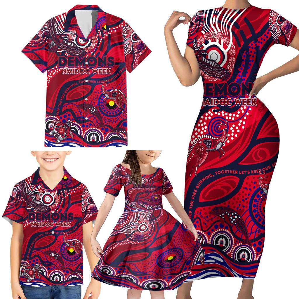 Custom NAIDOC Week 2024 Demons Family Matching Short Sleeve Bodycon Dress and Hawaiian Shirt Aboriginal Animals Keep The Fire Burning