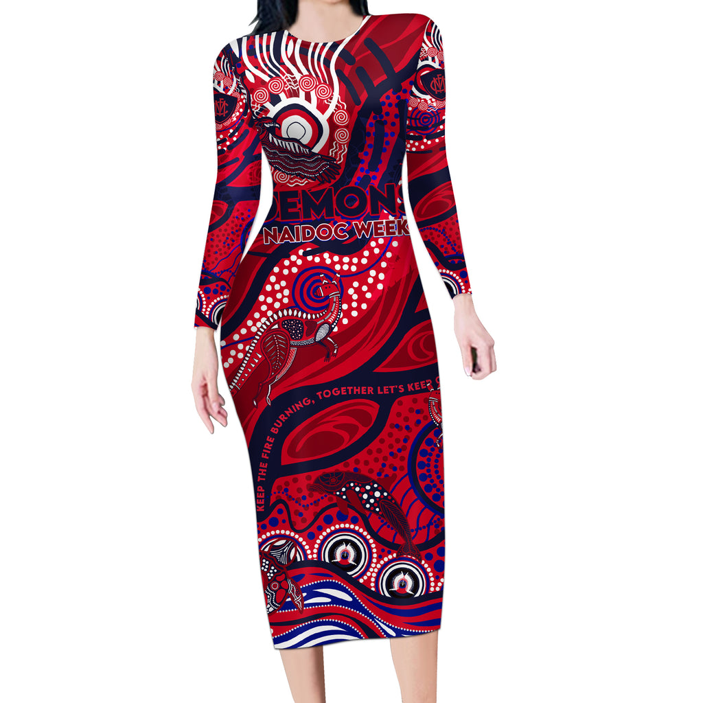 Custom NAIDOC Week 2024 Demons Long Sleeve Bodycon Dress Aboriginal Animals Keep The Fire Burning