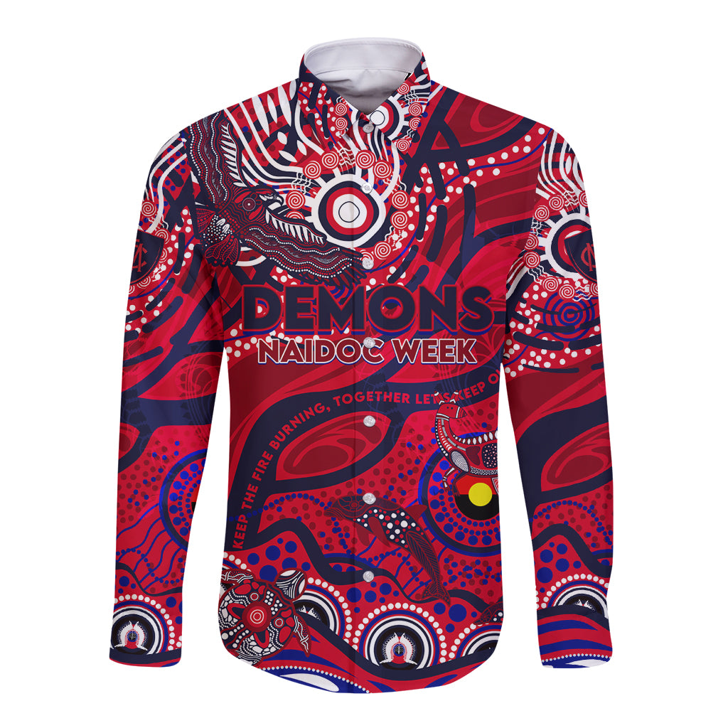 Custom NAIDOC Week 2024 Demons Long Sleeve Button Shirt Aboriginal Animals Keep The Fire Burning