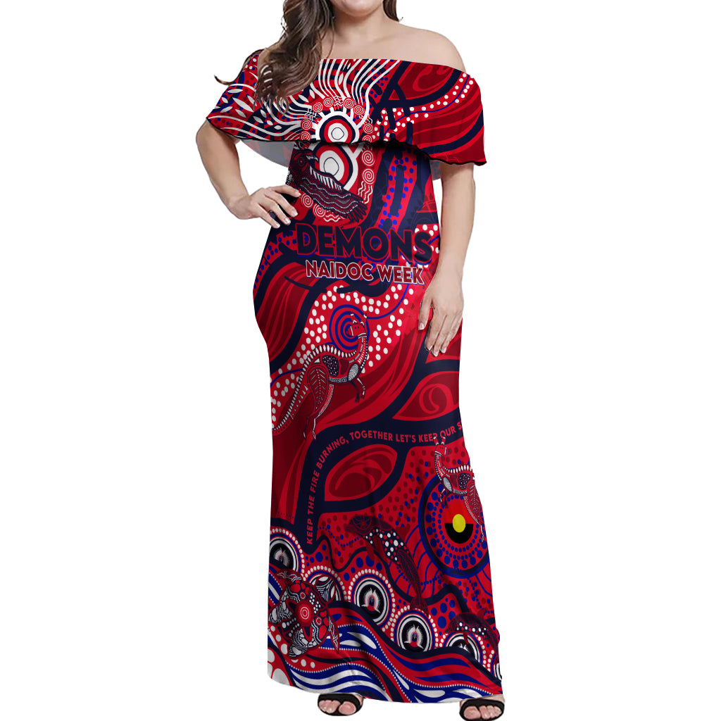 Custom NAIDOC Week 2024 Demons Off Shoulder Maxi Dress Aboriginal Animals Keep The Fire Burning