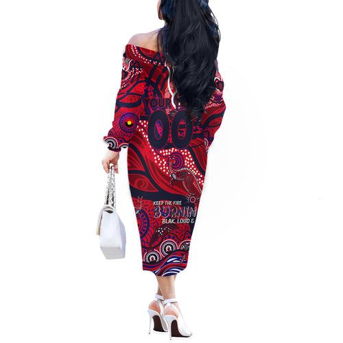 Custom NAIDOC Week 2024 Demons Off The Shoulder Long Sleeve Dress Aboriginal Animals Keep The Fire Burning