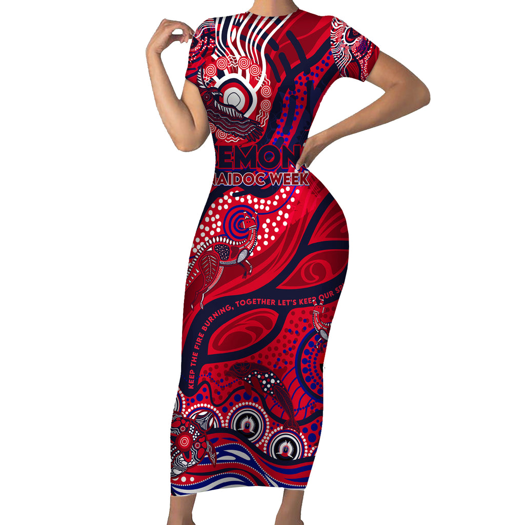 Custom NAIDOC Week 2024 Demons Short Sleeve Bodycon Dress Aboriginal Animals Keep The Fire Burning