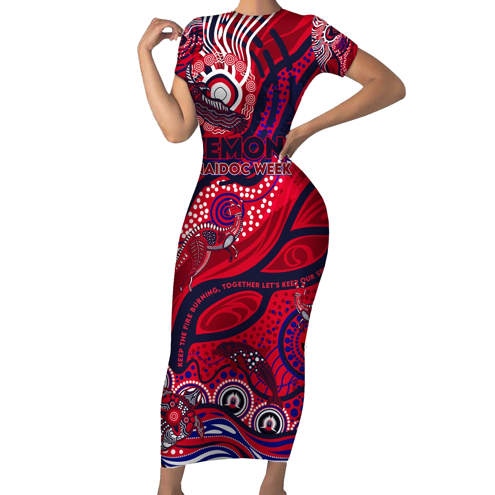 Custom NAIDOC Week 2024 Demons Short Sleeve Bodycon Dress Aboriginal Animals Keep The Fire Burning