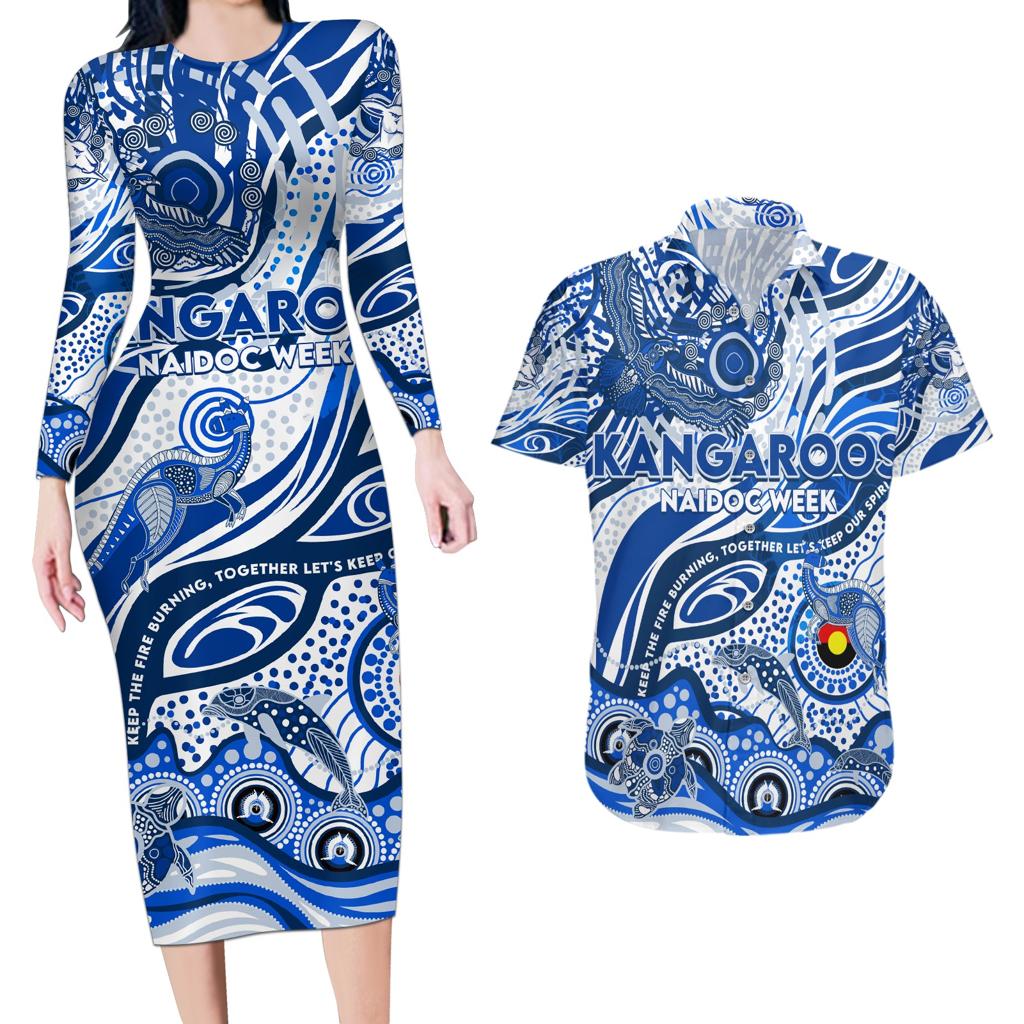 Custom NAIDOC Week 2024 Kangaroos Couples Matching Long Sleeve Bodycon Dress and Hawaiian Shirt Aboriginal Animals Keep The Fire Burning