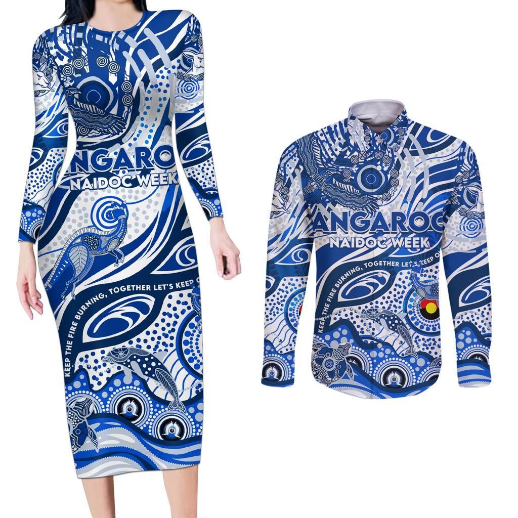 Custom NAIDOC Week 2024 Kangaroos Couples Matching Long Sleeve Bodycon Dress and Long Sleeve Button Shirt Aboriginal Animals Keep The Fire Burning