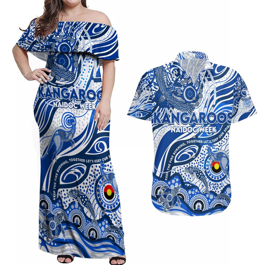 Custom NAIDOC Week 2024 Kangaroos Couples Matching Off Shoulder Maxi Dress and Hawaiian Shirt Aboriginal Animals Keep The Fire Burning