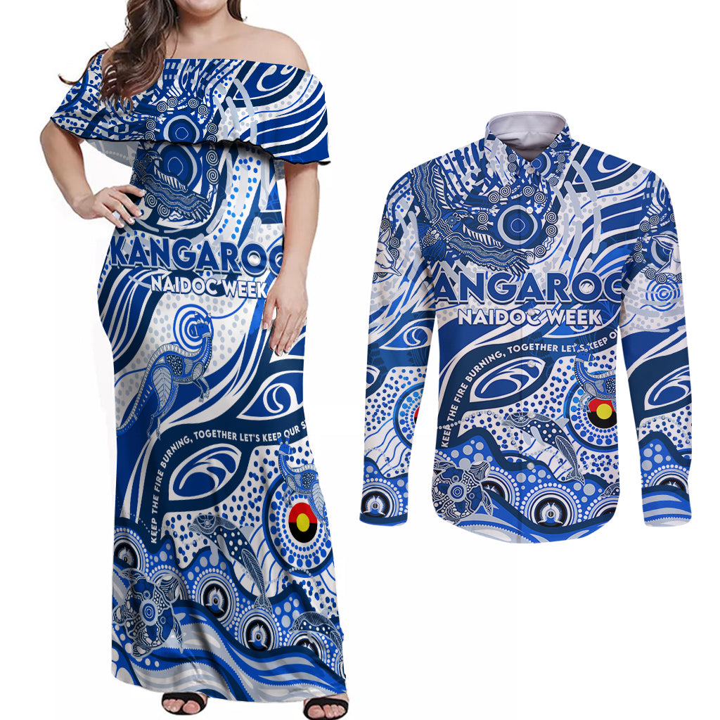 Custom NAIDOC Week 2024 Kangaroos Couples Matching Off Shoulder Maxi Dress and Long Sleeve Button Shirt Aboriginal Animals Keep The Fire Burning