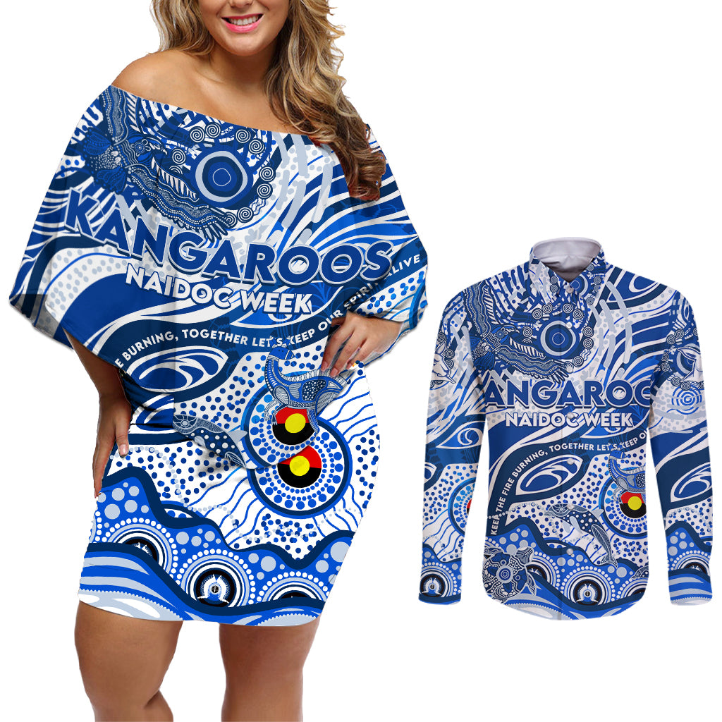 Custom NAIDOC Week 2024 Kangaroos Couples Matching Off Shoulder Short Dress and Long Sleeve Button Shirt Aboriginal Animals Keep The Fire Burning
