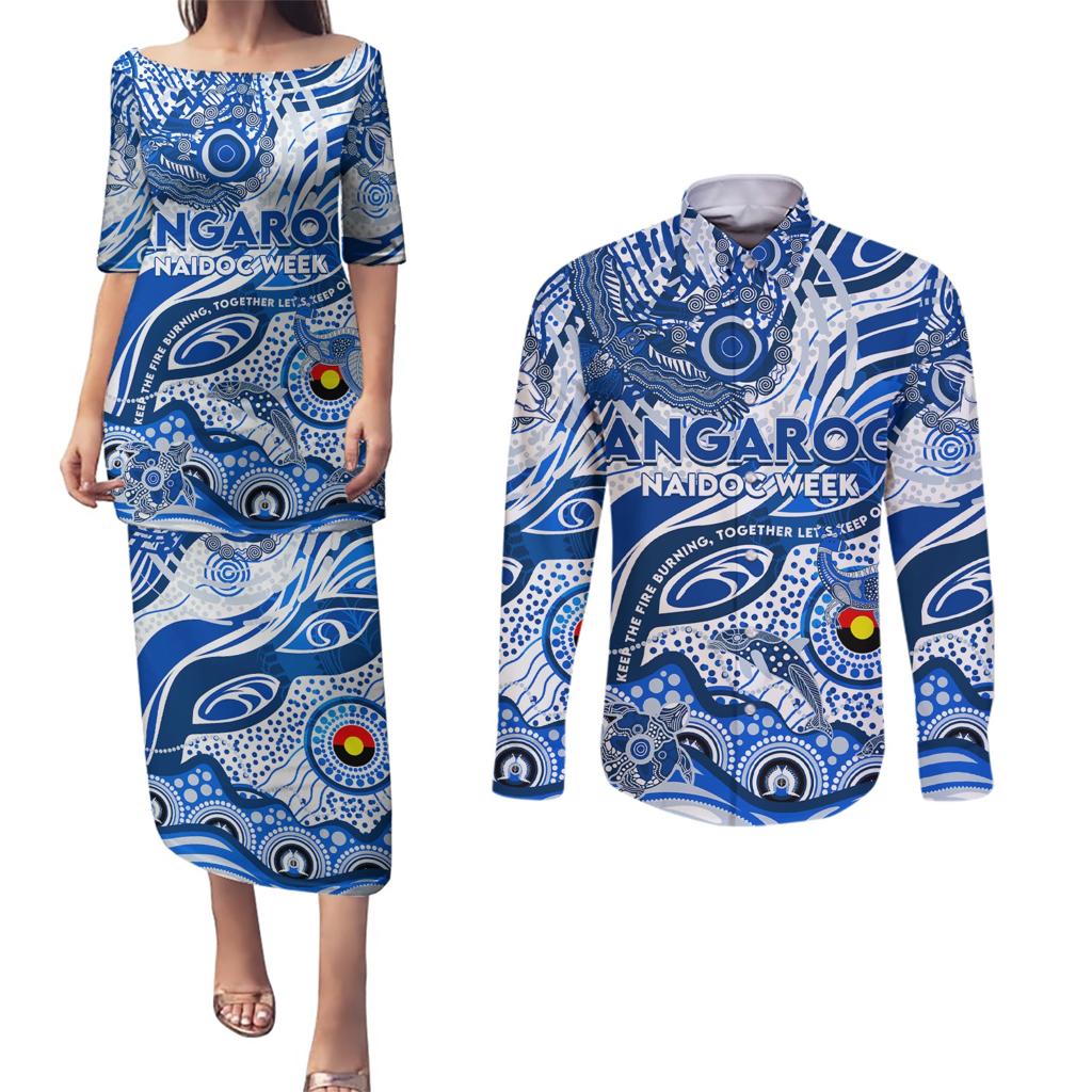 Custom NAIDOC Week 2024 Kangaroos Couples Matching Puletasi and Long Sleeve Button Shirt Aboriginal Animals Keep The Fire Burning