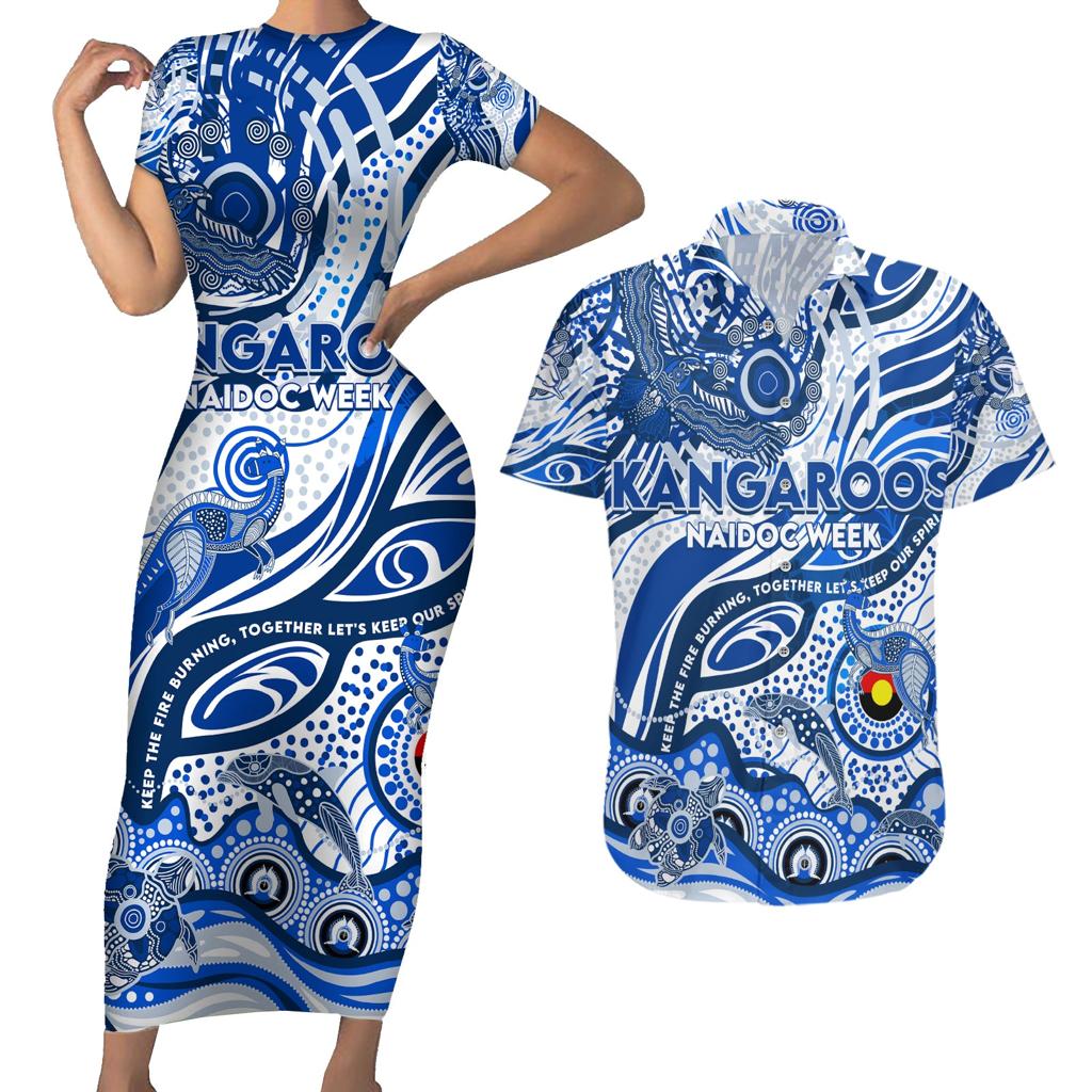 Custom NAIDOC Week 2024 Kangaroos Couples Matching Short Sleeve Bodycon Dress and Hawaiian Shirt Aboriginal Animals Keep The Fire Burning