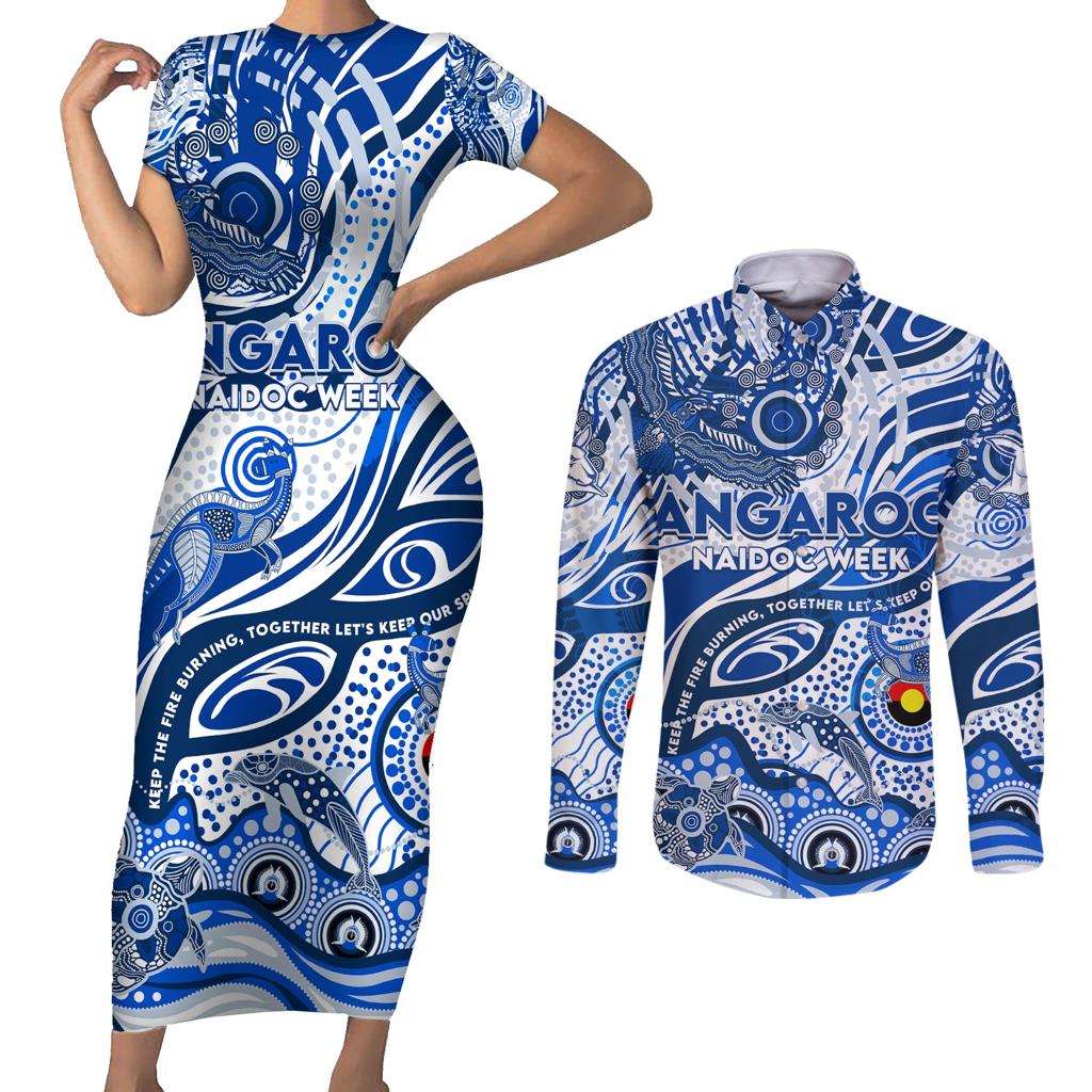 Custom NAIDOC Week 2024 Kangaroos Couples Matching Short Sleeve Bodycon Dress and Long Sleeve Button Shirt Aboriginal Animals Keep The Fire Burning