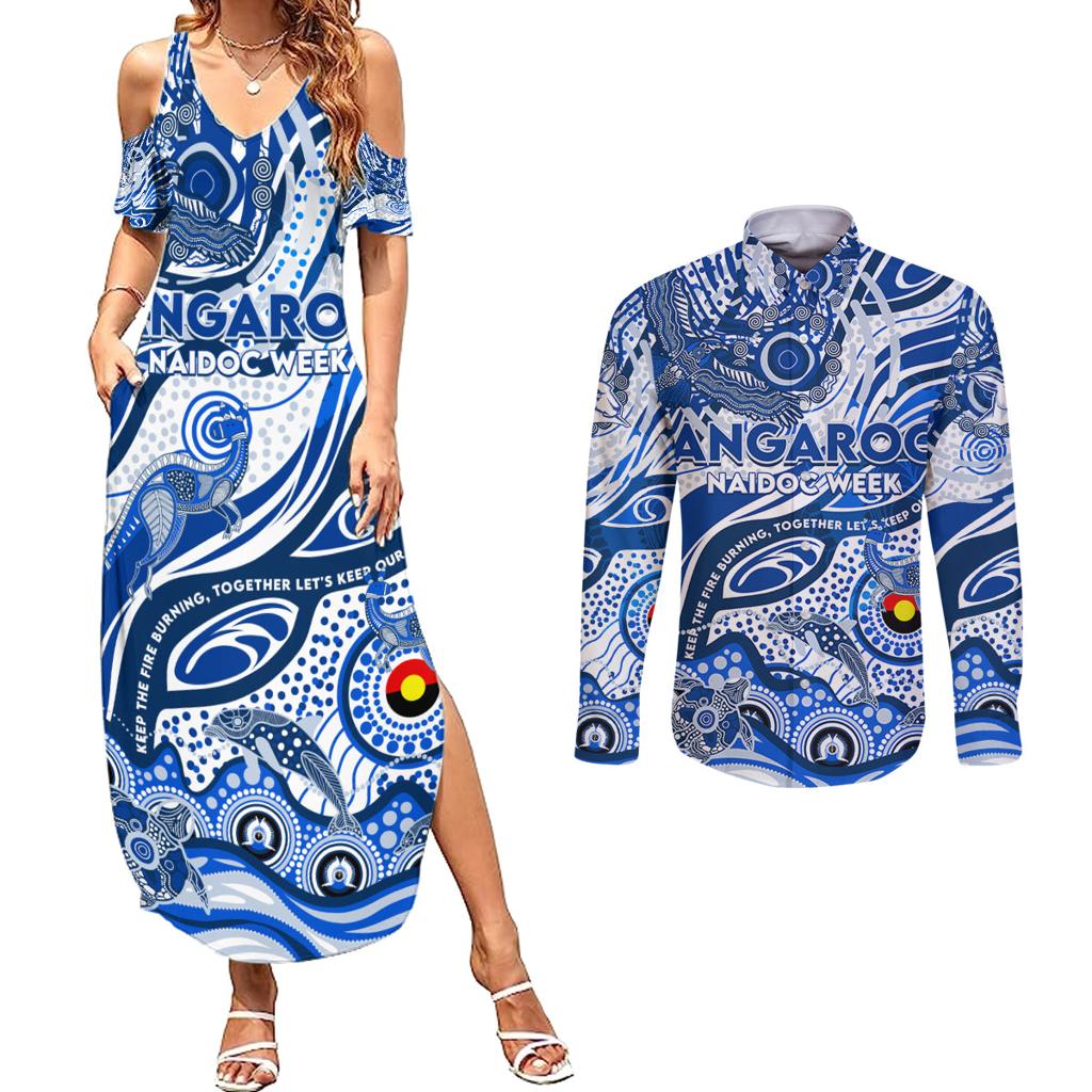 Custom NAIDOC Week 2024 Kangaroos Couples Matching Summer Maxi Dress and Long Sleeve Button Shirt Aboriginal Animals Keep The Fire Burning