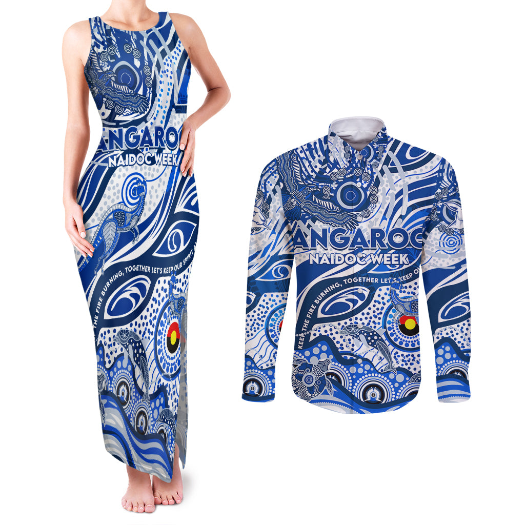 Custom NAIDOC Week 2024 Kangaroos Couples Matching Tank Maxi Dress and Long Sleeve Button Shirt Aboriginal Animals Keep The Fire Burning
