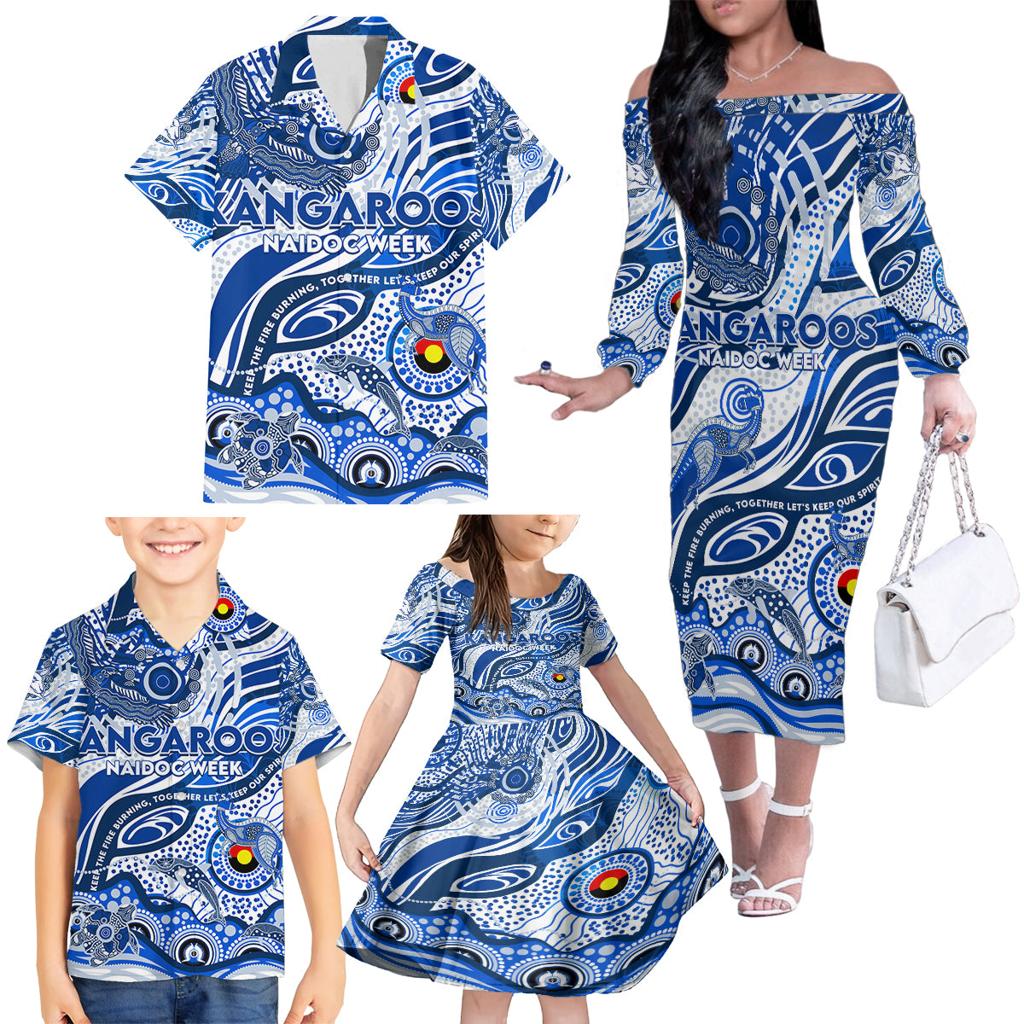 Custom NAIDOC Week 2024 Kangaroos Family Matching Off The Shoulder Long Sleeve Dress and Hawaiian Shirt Aboriginal Animals Keep The Fire Burning