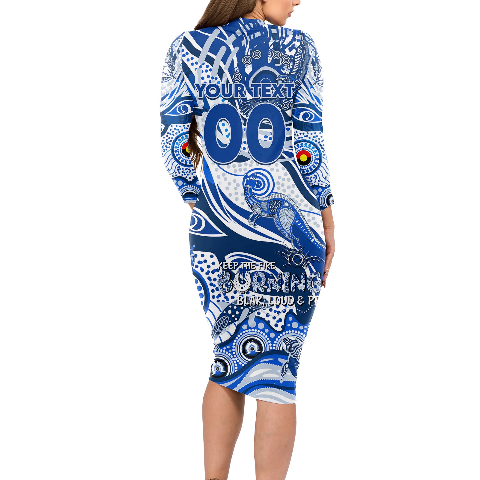 Custom NAIDOC Week 2024 Kangaroos Long Sleeve Bodycon Dress Aboriginal Animals Keep The Fire Burning