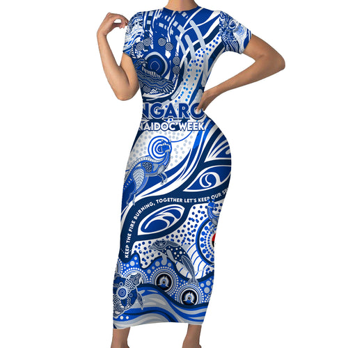 Custom NAIDOC Week 2024 Kangaroos Short Sleeve Bodycon Dress Aboriginal Animals Keep The Fire Burning