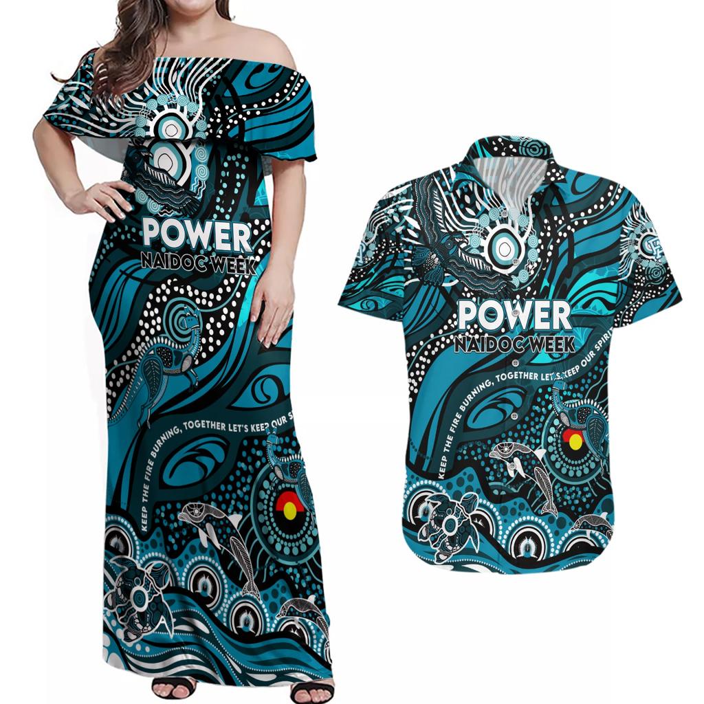 Custom NAIDOC Week 2024 Power Couples Matching Off Shoulder Maxi Dress and Hawaiian Shirt Aboriginal Animals Keep The Fire Burning