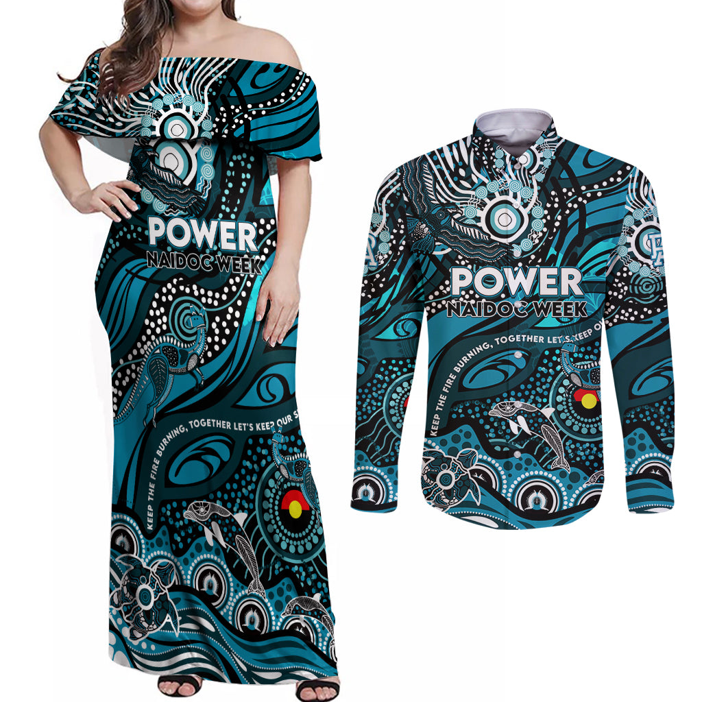 Custom NAIDOC Week 2024 Power Couples Matching Off Shoulder Maxi Dress and Long Sleeve Button Shirt Aboriginal Animals Keep The Fire Burning