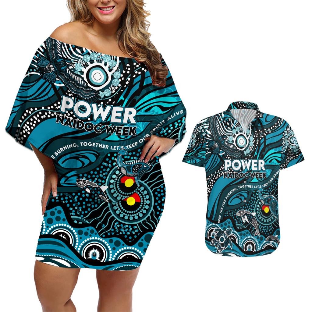 Custom NAIDOC Week 2024 Power Couples Matching Off Shoulder Short Dress and Hawaiian Shirt Aboriginal Animals Keep The Fire Burning