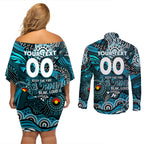 Custom NAIDOC Week 2024 Power Couples Matching Off Shoulder Short Dress and Long Sleeve Button Shirt Aboriginal Animals Keep The Fire Burning