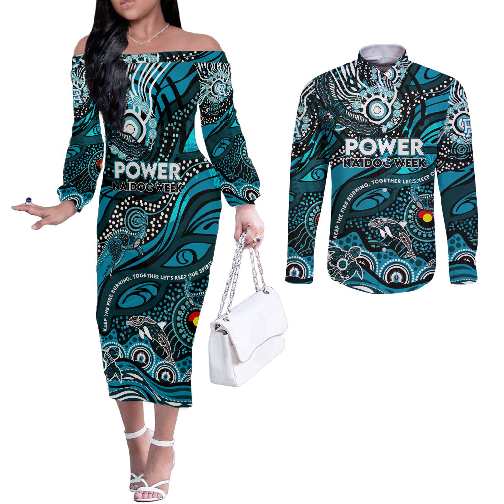 Custom NAIDOC Week 2024 Power Couples Matching Off The Shoulder Long Sleeve Dress and Long Sleeve Button Shirt Aboriginal Animals Keep The Fire Burning
