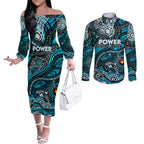 Custom NAIDOC Week 2024 Power Couples Matching Off The Shoulder Long Sleeve Dress and Long Sleeve Button Shirt Aboriginal Animals Keep The Fire Burning