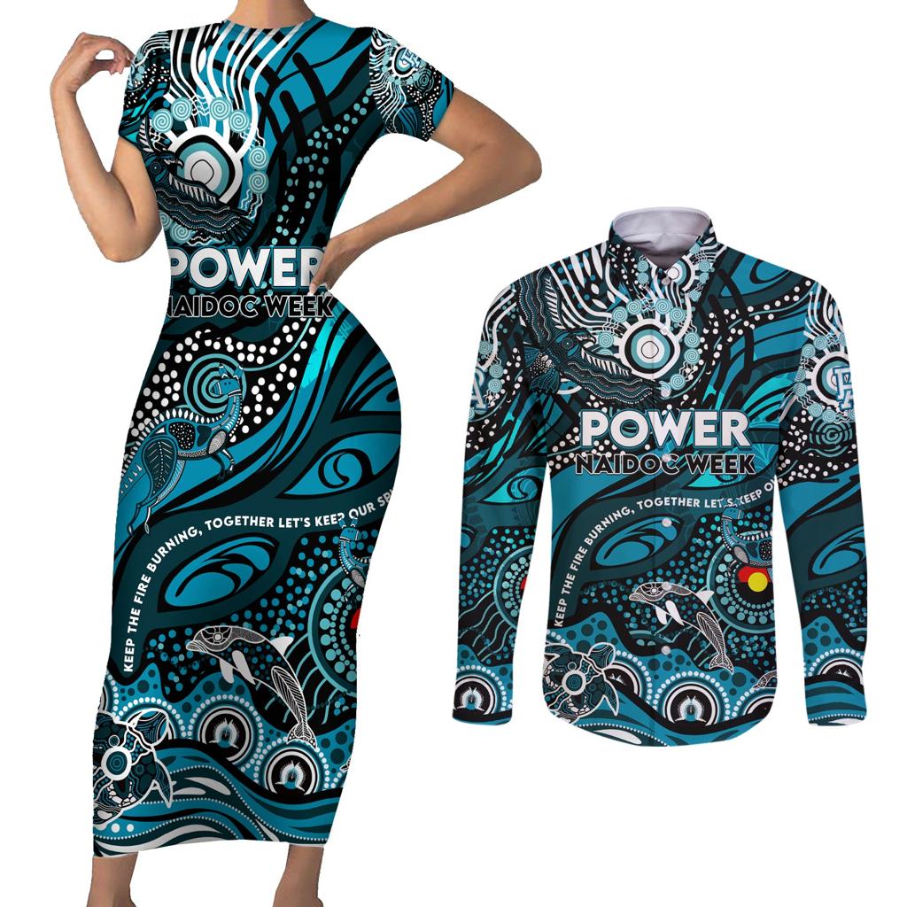 Custom NAIDOC Week 2024 Power Couples Matching Short Sleeve Bodycon Dress and Long Sleeve Button Shirt Aboriginal Animals Keep The Fire Burning