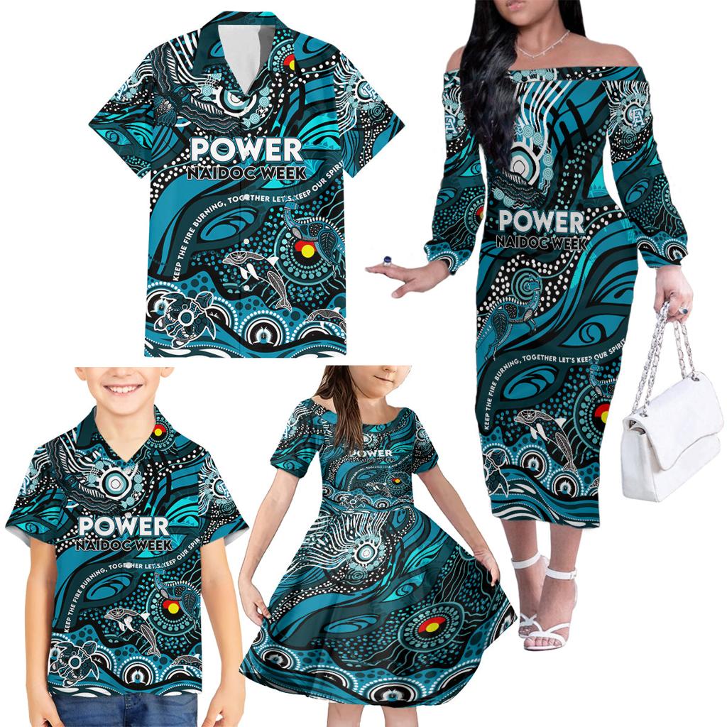 Custom NAIDOC Week 2024 Power Family Matching Off The Shoulder Long Sleeve Dress and Hawaiian Shirt Aboriginal Animals Keep The Fire Burning