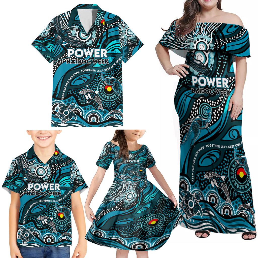Custom NAIDOC Week 2024 Power Family Matching Off Shoulder Maxi Dress and Hawaiian Shirt Aboriginal Animals Keep The Fire Burning