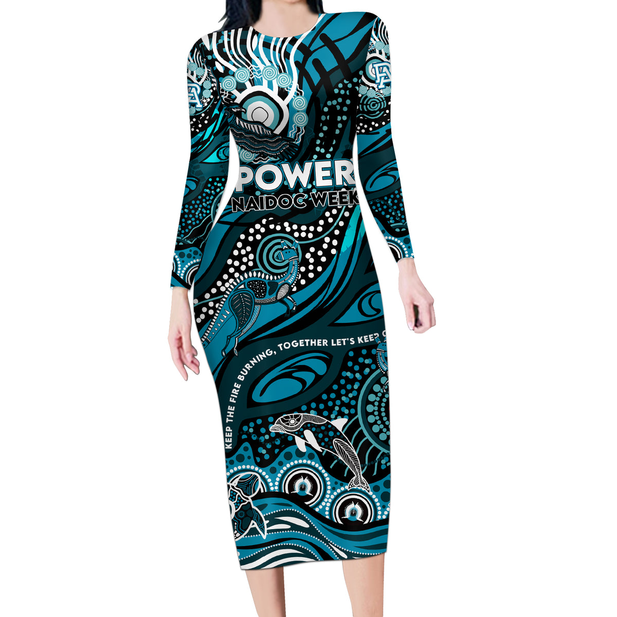 Custom NAIDOC Week 2024 Power Long Sleeve Bodycon Dress Aboriginal Animals Keep The Fire Burning