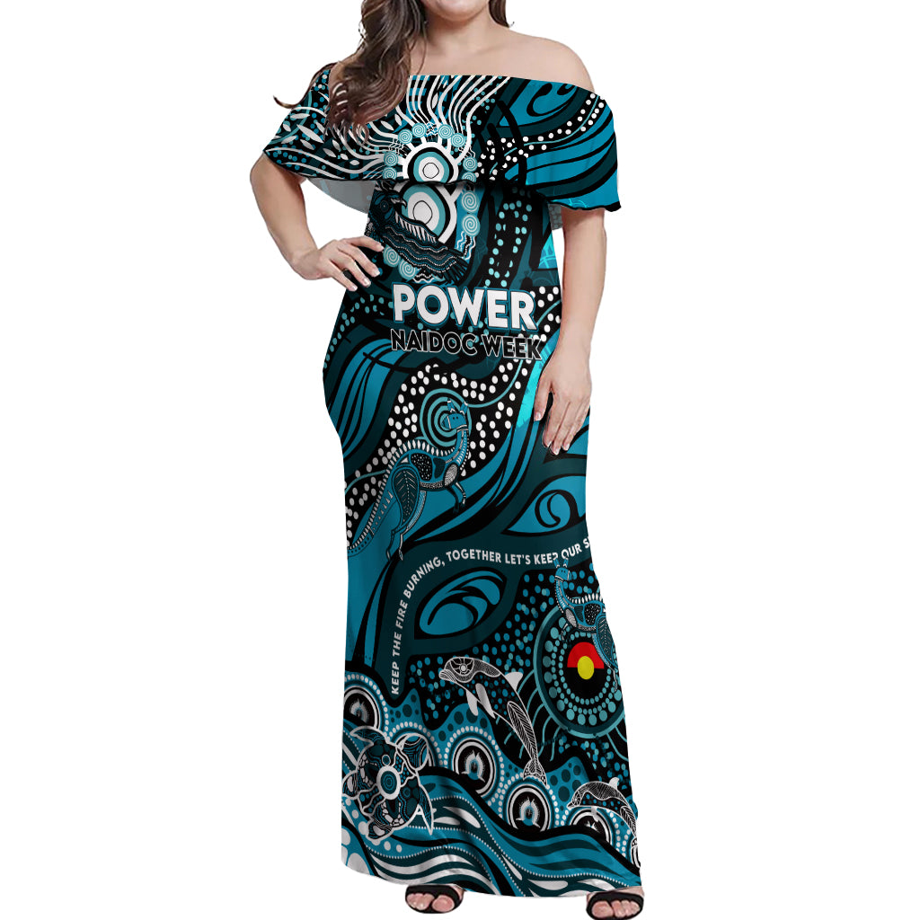 Custom NAIDOC Week 2024 Power Off Shoulder Maxi Dress Aboriginal Animals Keep The Fire Burning