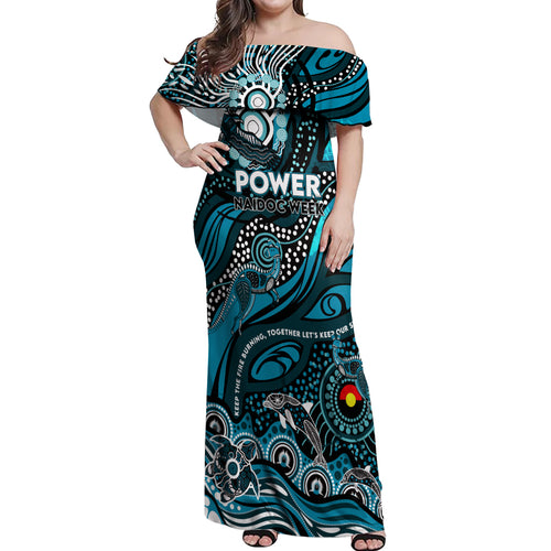 Custom NAIDOC Week 2024 Power Off Shoulder Maxi Dress Aboriginal Animals Keep The Fire Burning