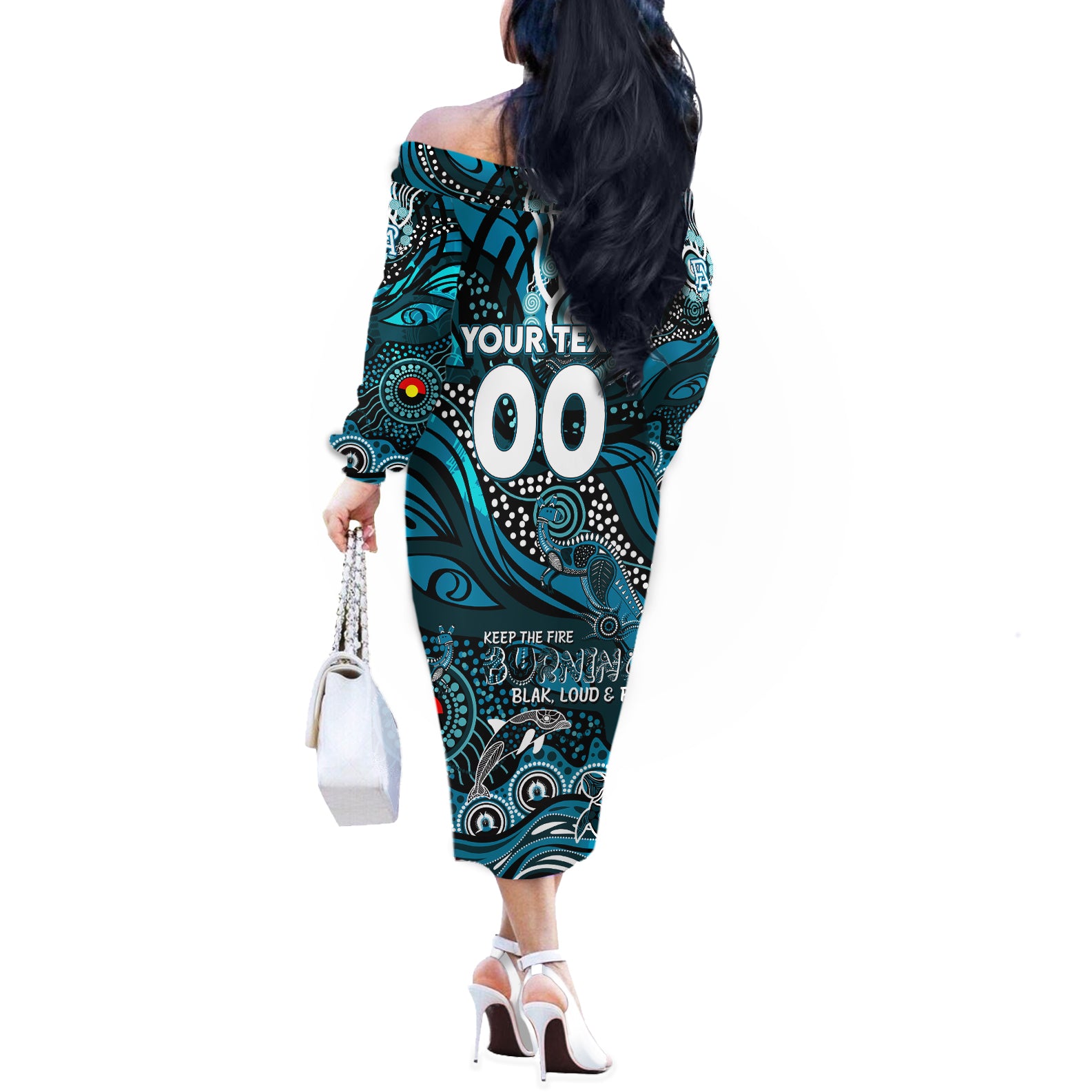 Custom NAIDOC Week 2024 Power Off The Shoulder Long Sleeve Dress Aboriginal Animals Keep The Fire Burning