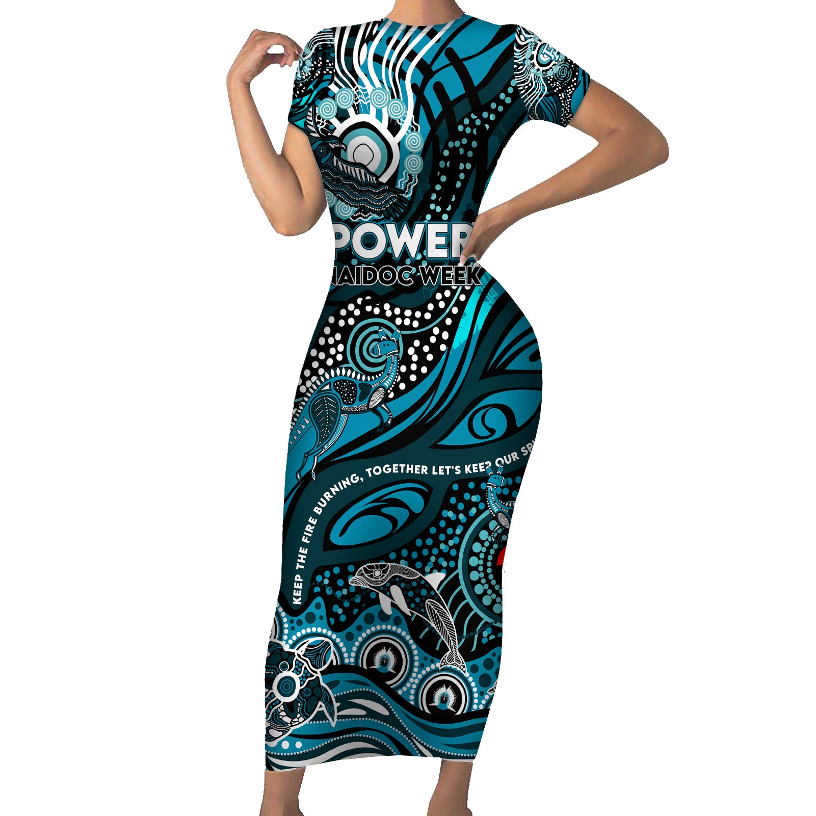 Custom NAIDOC Week 2024 Power Short Sleeve Bodycon Dress Aboriginal Animals Keep The Fire Burning