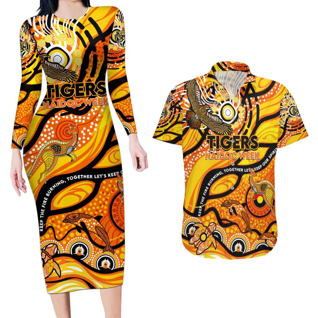 Custom NAIDOC Week 2024 Tiger Couples Matching Long Sleeve Bodycon Dress and Hawaiian Shirt Aboriginal Animals Keep The Fire Burning