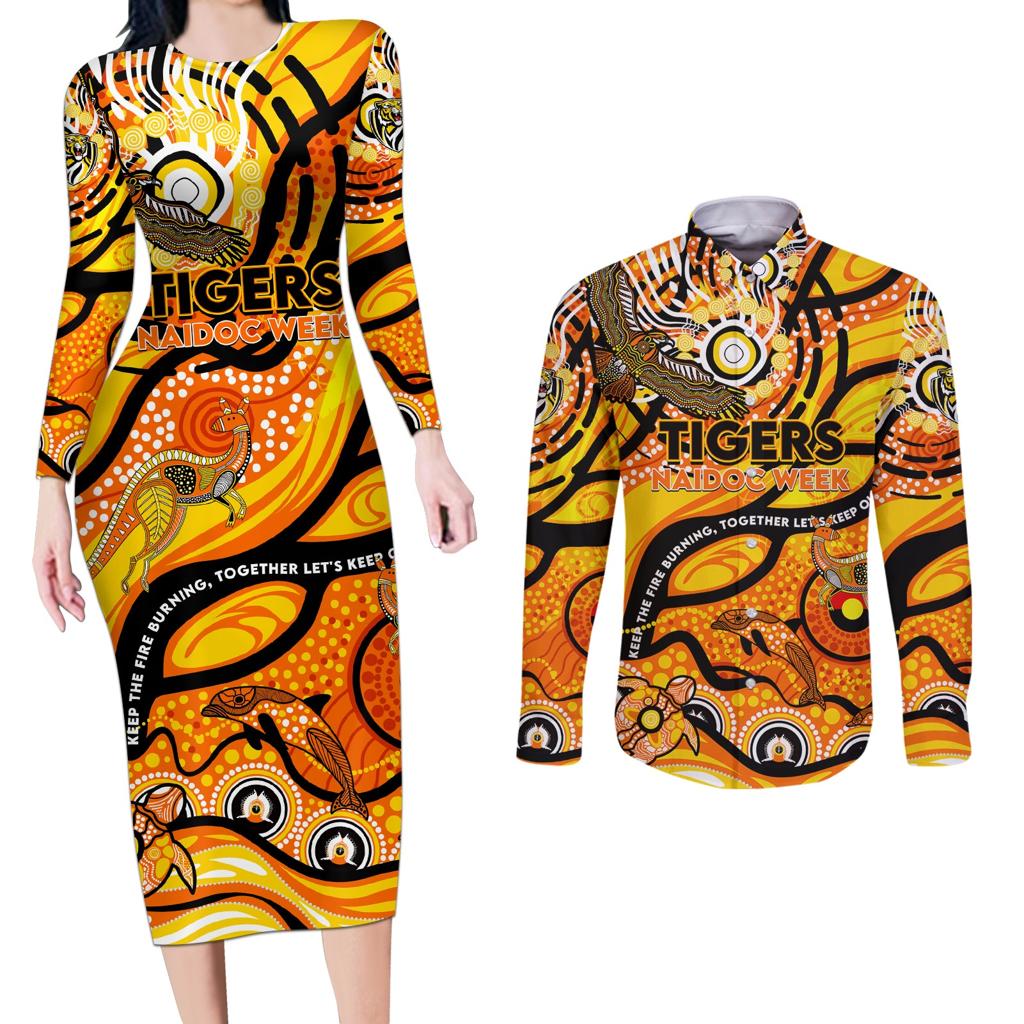 Custom NAIDOC Week 2024 Tiger Couples Matching Long Sleeve Bodycon Dress and Long Sleeve Button Shirt Aboriginal Animals Keep The Fire Burning