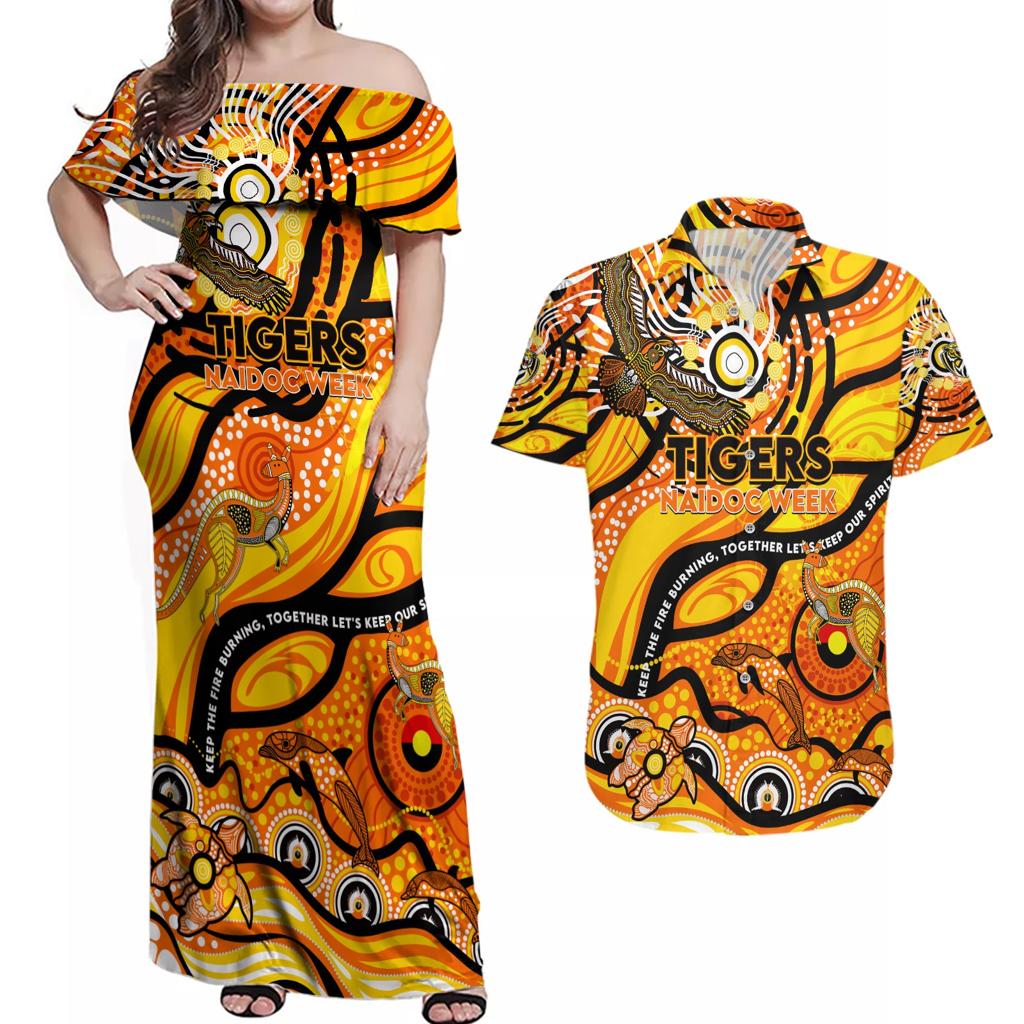 Custom NAIDOC Week 2024 Tiger Couples Matching Off Shoulder Maxi Dress and Hawaiian Shirt Aboriginal Animals Keep The Fire Burning