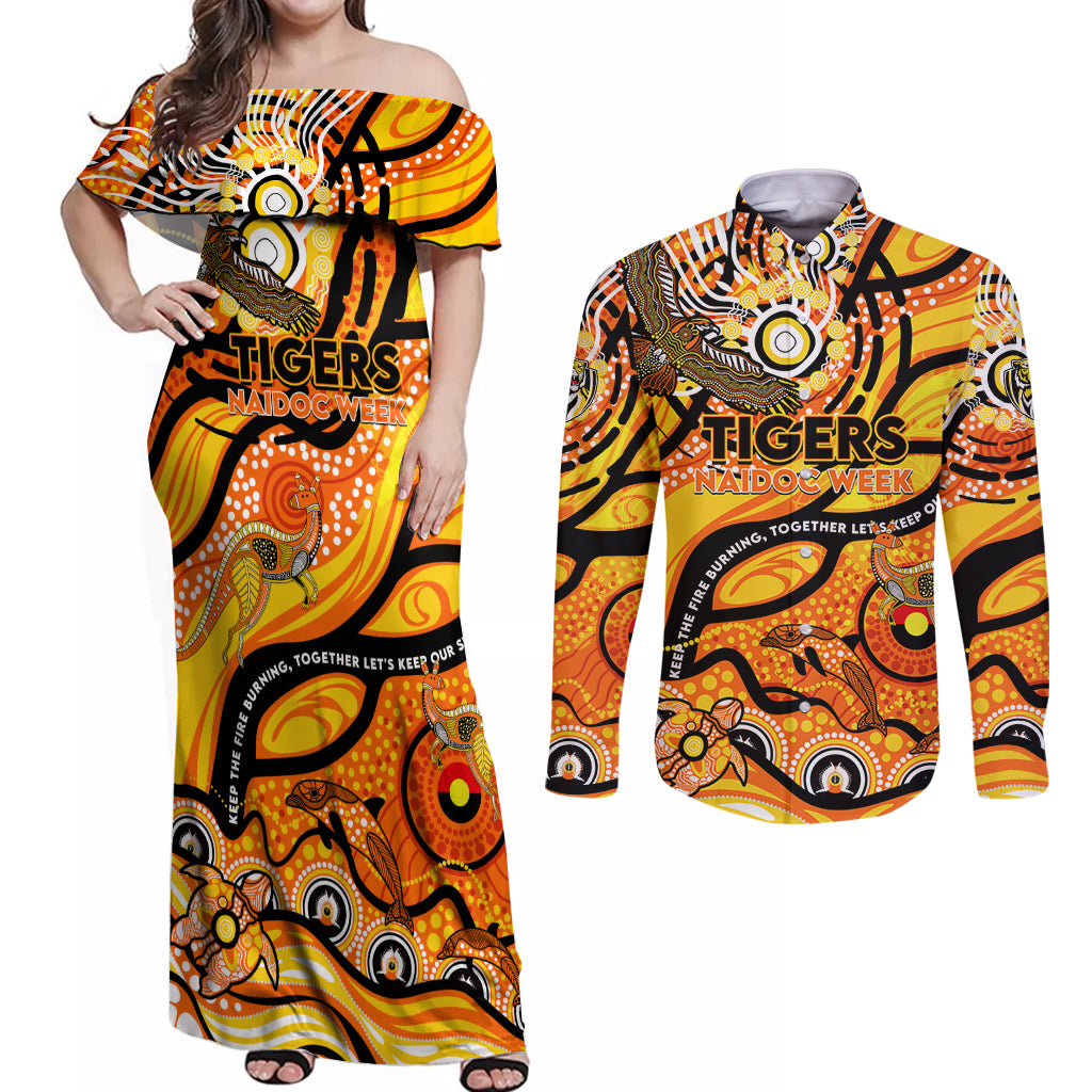 Custom NAIDOC Week 2024 Tiger Couples Matching Off Shoulder Maxi Dress and Long Sleeve Button Shirt Aboriginal Animals Keep The Fire Burning