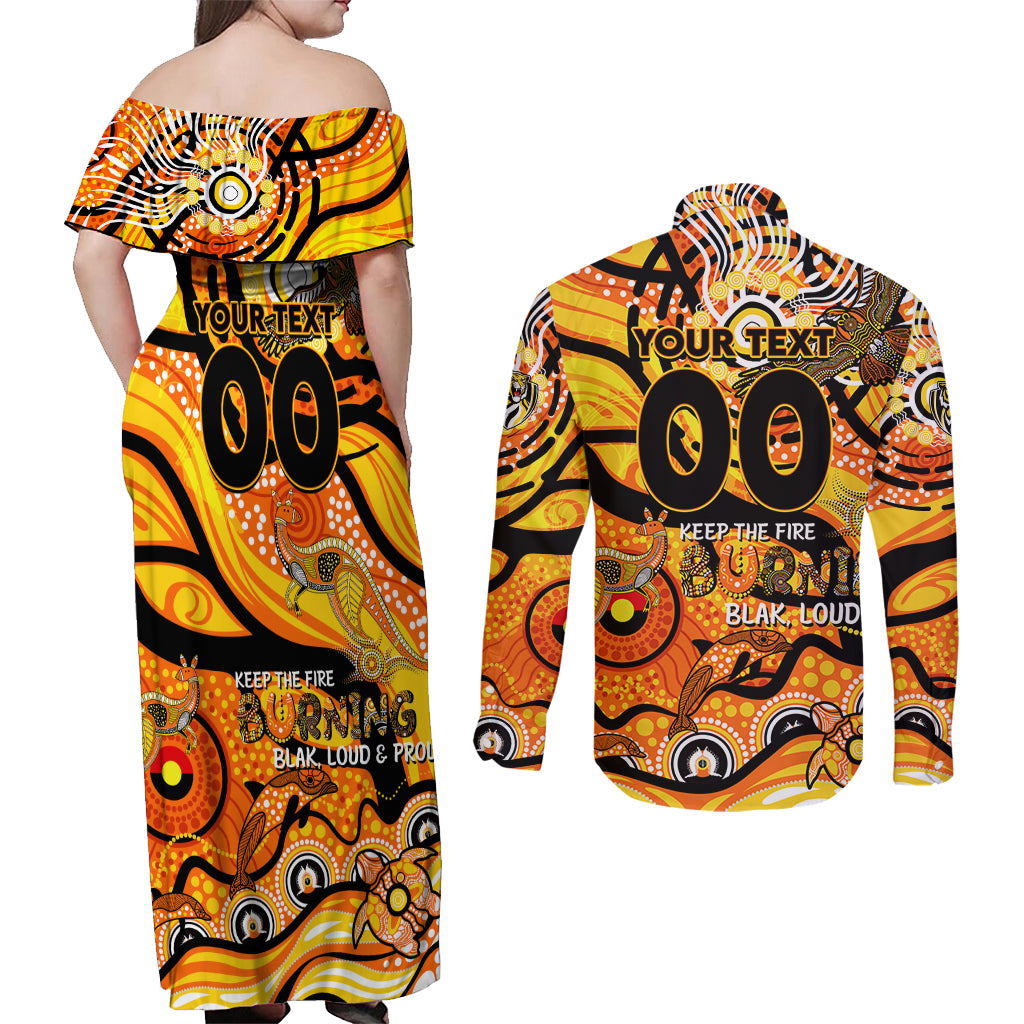 Custom NAIDOC Week 2024 Tiger Couples Matching Off Shoulder Maxi Dress and Long Sleeve Button Shirt Aboriginal Animals Keep The Fire Burning