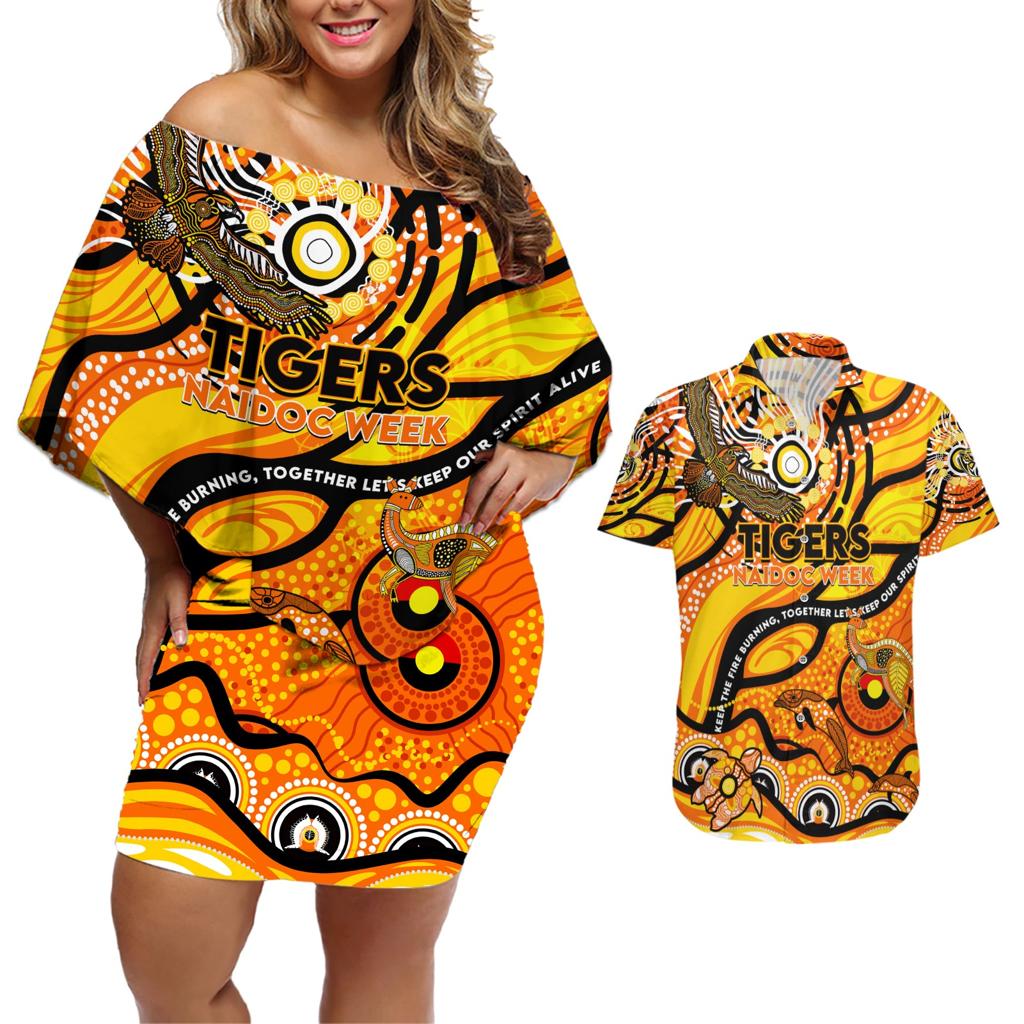 Custom NAIDOC Week 2024 Tiger Couples Matching Off Shoulder Short Dress and Hawaiian Shirt Aboriginal Animals Keep The Fire Burning